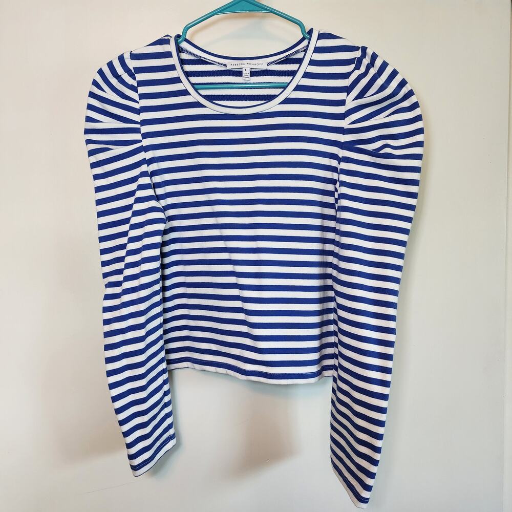 Rebecca Minkoff Blue and White Striped Puff Sleeve Top